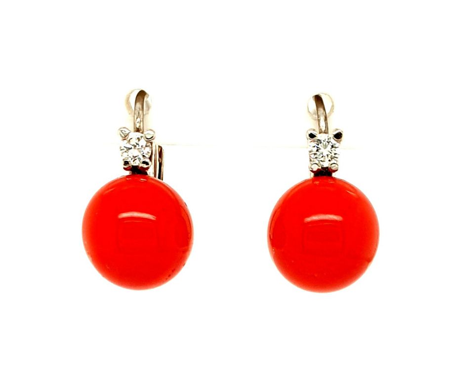 9ct White Gold Mediterranean Coral (10mm) and Diamond (2x 0.10ct FG VS) Earrings(22468)